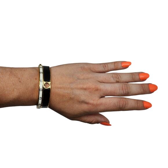 Kate Spade Bracelet Set of 2 Bangles Gold Black White Rhinestone Spade Sparkly - Picture 3 of 16